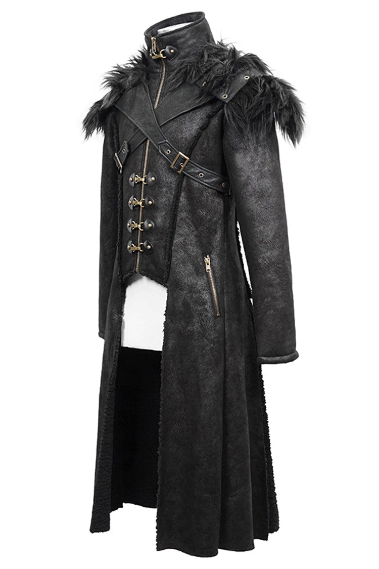 Black Stand Up Collar Shoulder Fur Cape Front Metal Hasp Chest Loops Long Fur Men's Punk Coat - Product - 9