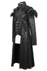 Black Stand Up Collar Shoulder Fur Cape Front Metal Hasp Chest Loops Long Fur Men's Punk Coat - Product - 9