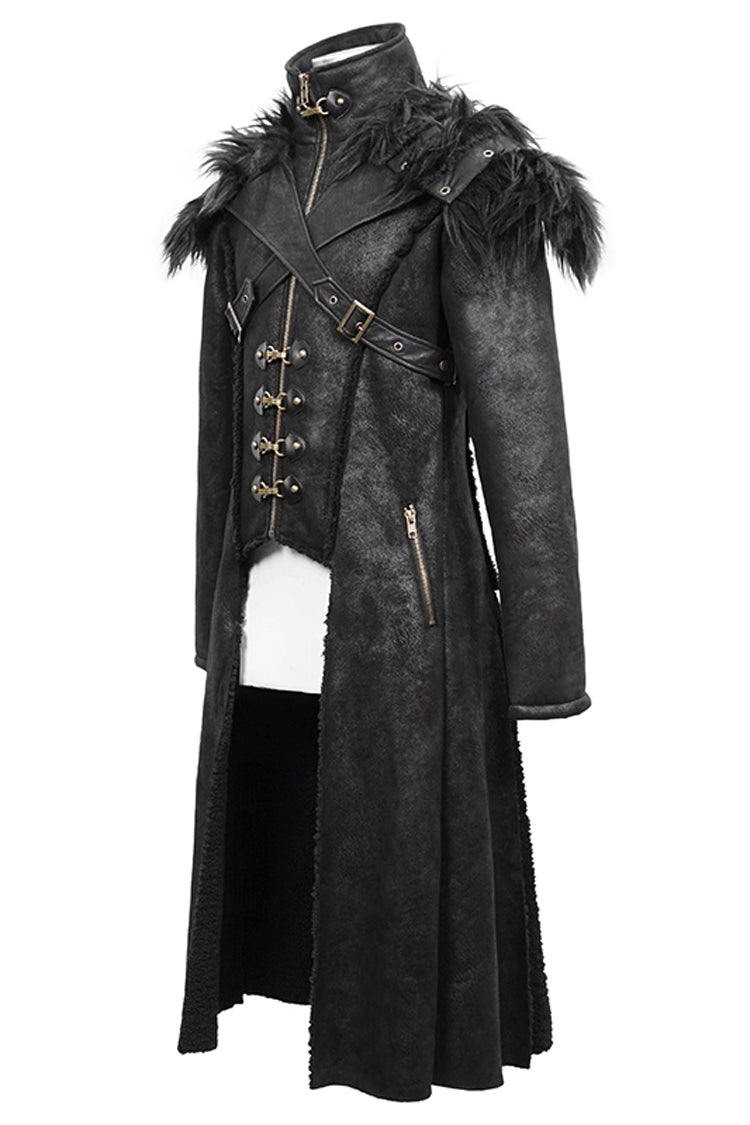 Black Stand Up Collar Shoulder Fur Cape Front Metal Hasp Chest Loops Long Fur Men's Punk Coat - Product - 9