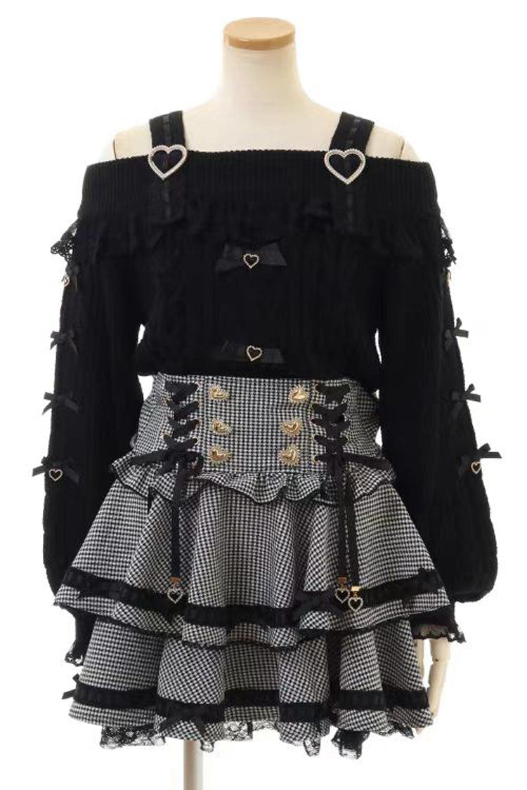 Sweet Jirai Kei High Waisted Triple-Layered Print Ruffle Bowknot Lace-Up Japanese Strap Dress 3 Colors - Black-Small-Plaid - 2