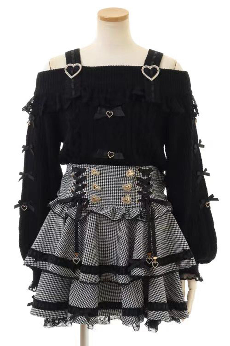 Sweet Jirai Kei High Waisted Triple-Layered Print Ruffle Bowknot Lace-Up Japanese Strap Dress 3 Colors - Black-Small-Plaid - 2