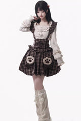 Brown [Fluffy Little Bear] Sleeveless Printed Ruffled Bow Sweet Lolita Strap Dress - Dress - 1