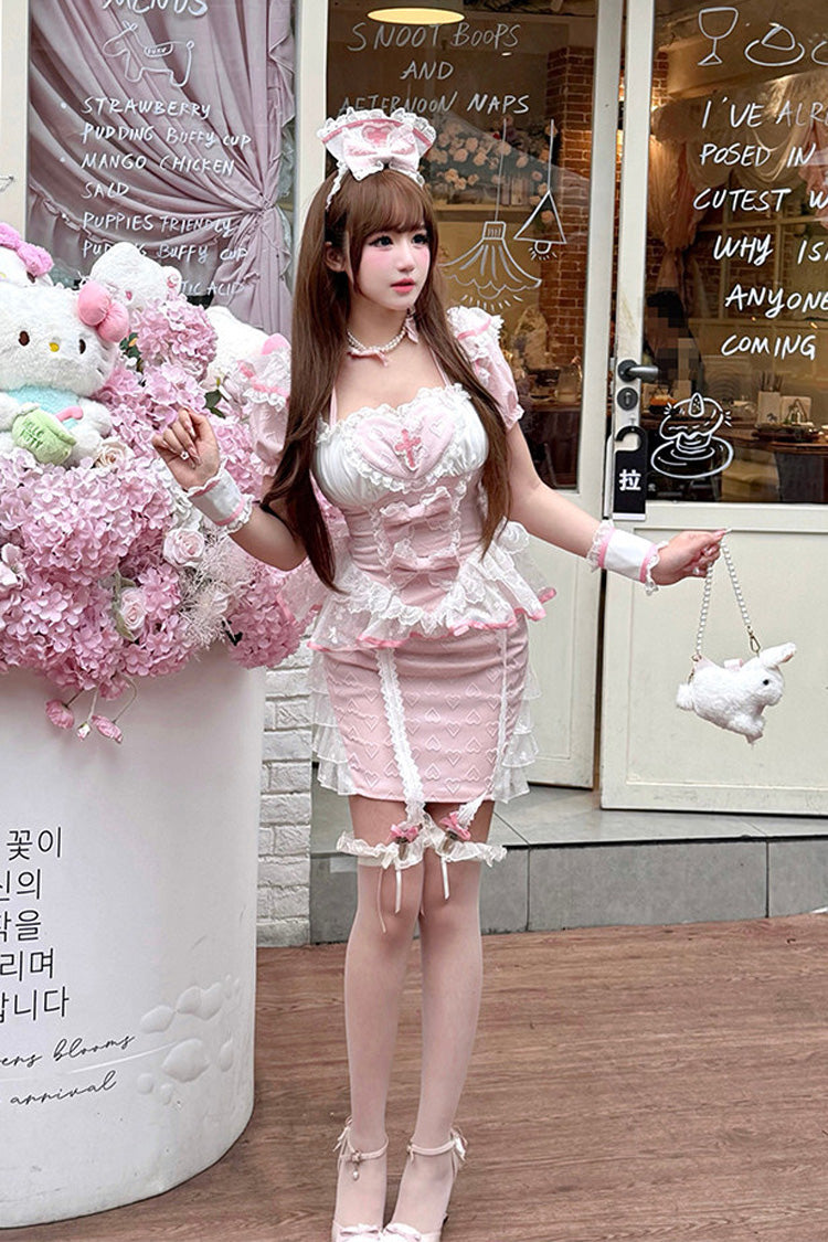 Pink [Little Nurse] Square Collar Short Sleeves Jacquard Ruffled Embroidered Bow Lace Chinese Style Sweet Lolita Skirt Set - Product - 4