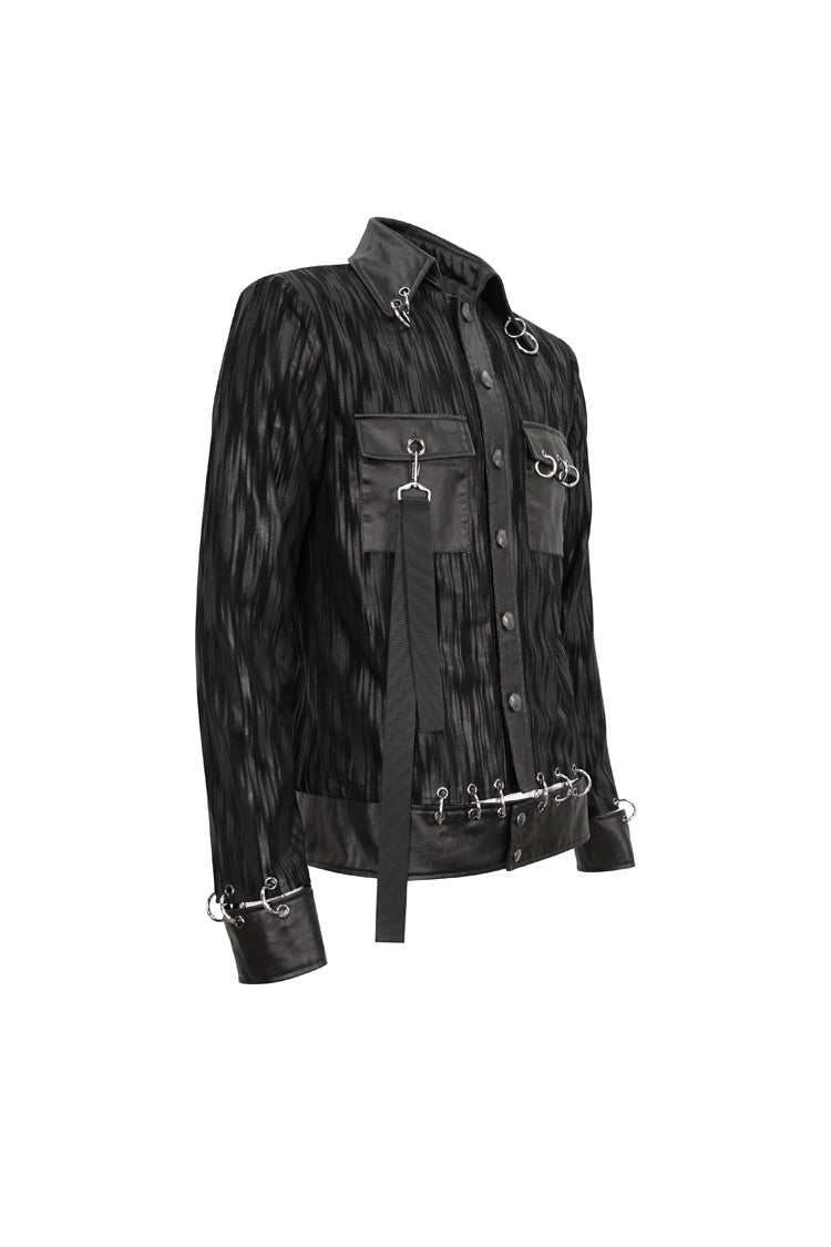 Black Metal Ring Perforated Lapel Lapel Button Handsome Men's Punk Jacket - Product - 8