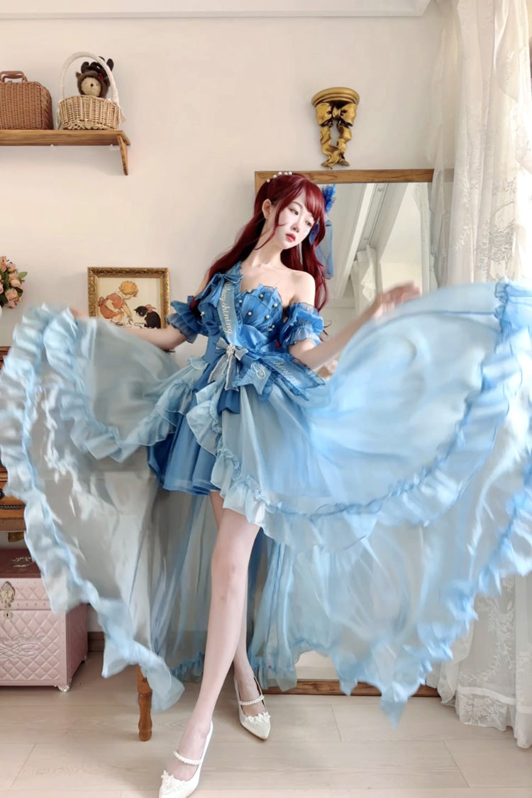 Blue [Mermaid Princess] Ruffle Hanayome Bowknot Sweet Elegant Lolita Jsk Dress Set - Product - 6