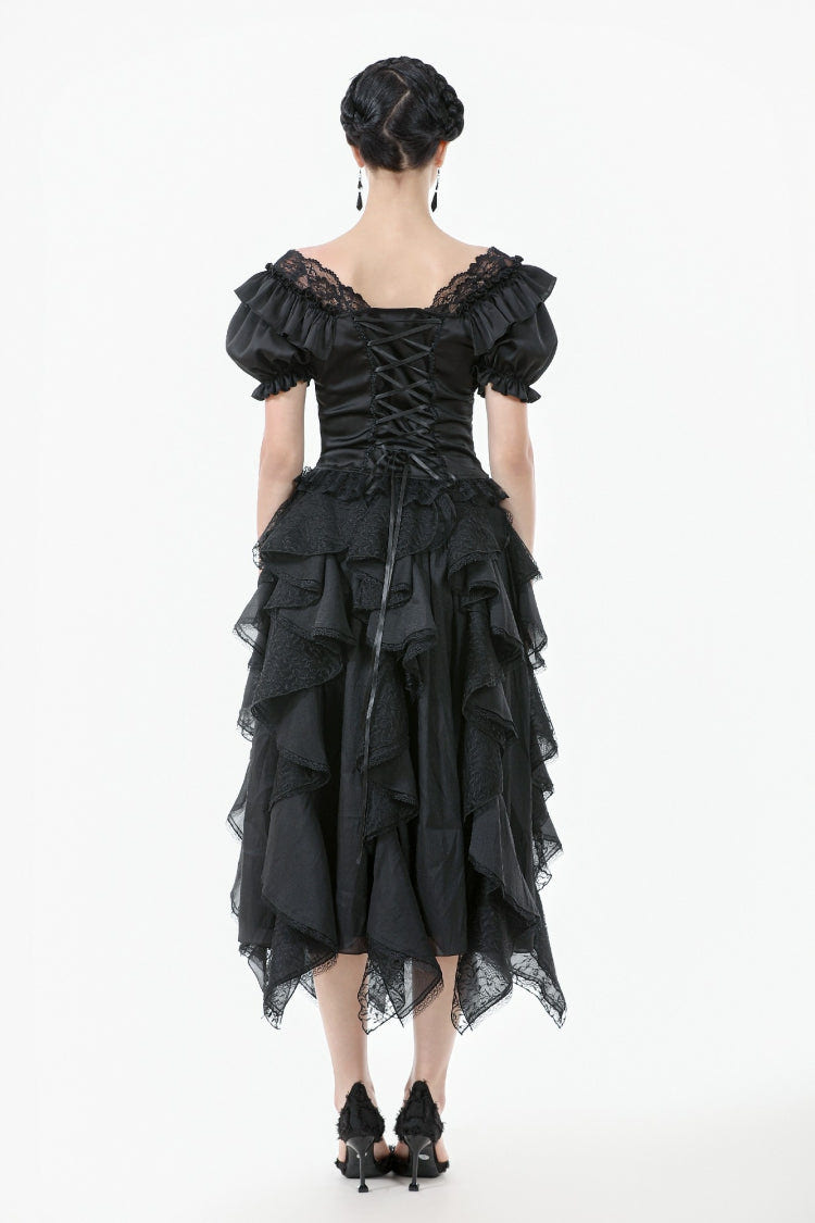 Black Square Collar Short Sleeves Ruffled Lace Lace-Up Women's Gothic Rococo Corset Top - Product - 4