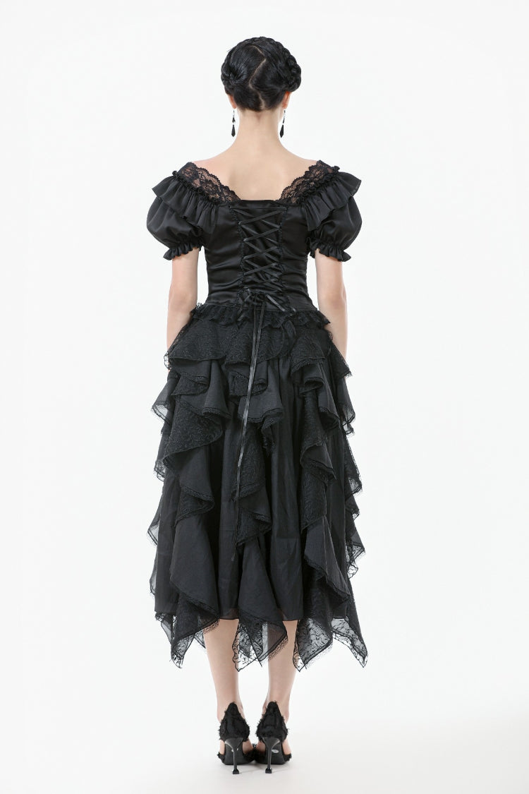 Black Square Collar Short Sleeves Ruffled Lace Lace-Up Women's Gothic Rococo Corset Top - Product - 4