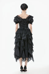 Black Square Collar Short Sleeves Ruffled Lace Lace-Up Women's Gothic Rococo Corset Top - Product - 4