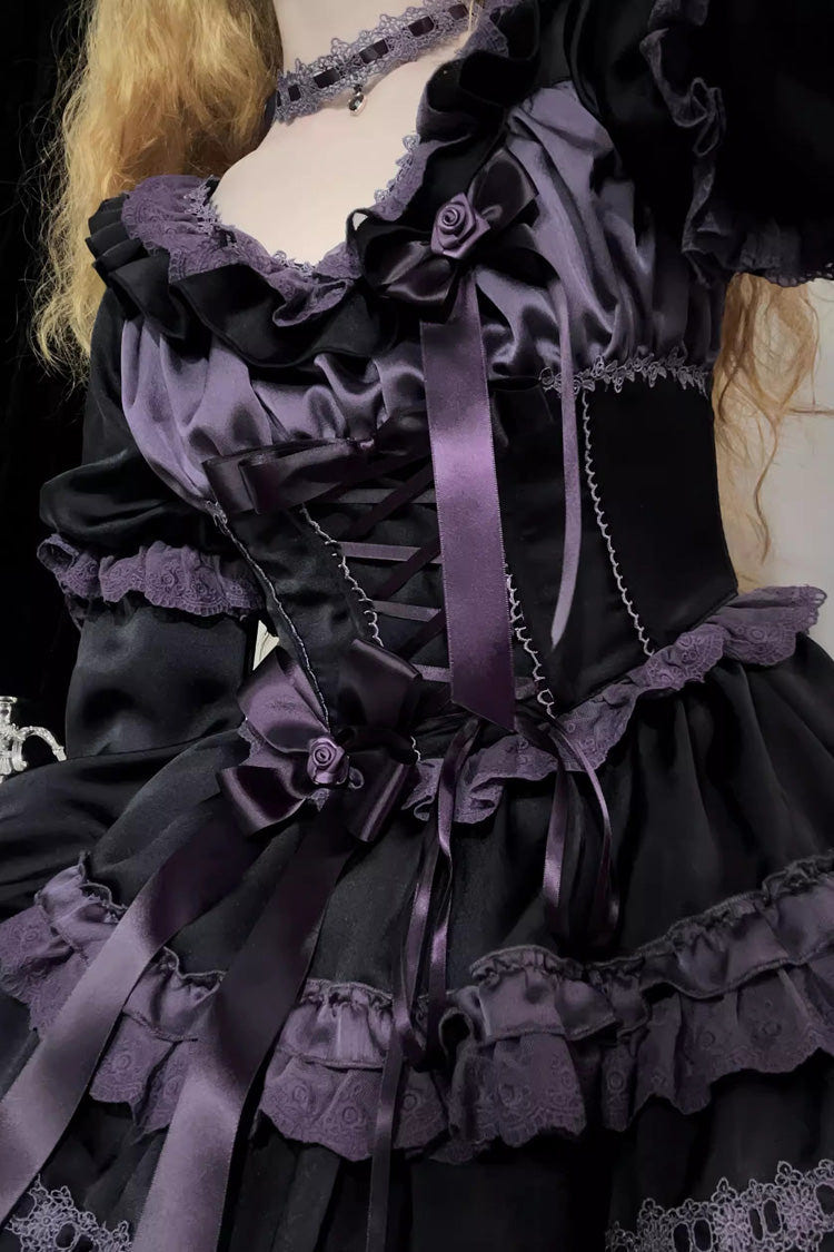 Black/Purple [Layered Blackcurrant] Short Sleeves Ruffle Bowknot Lace Sweet Lolita Dress - Product - 6