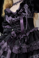 Black/Purple [Layered Blackcurrant] Short Sleeves Ruffle Bowknot Lace Sweet Lolita Dress - Product - 6