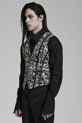 White/Black Contrast Sleeveless Skulls Print Jacquard Hollow Mens Gothic Vest - Product - 2