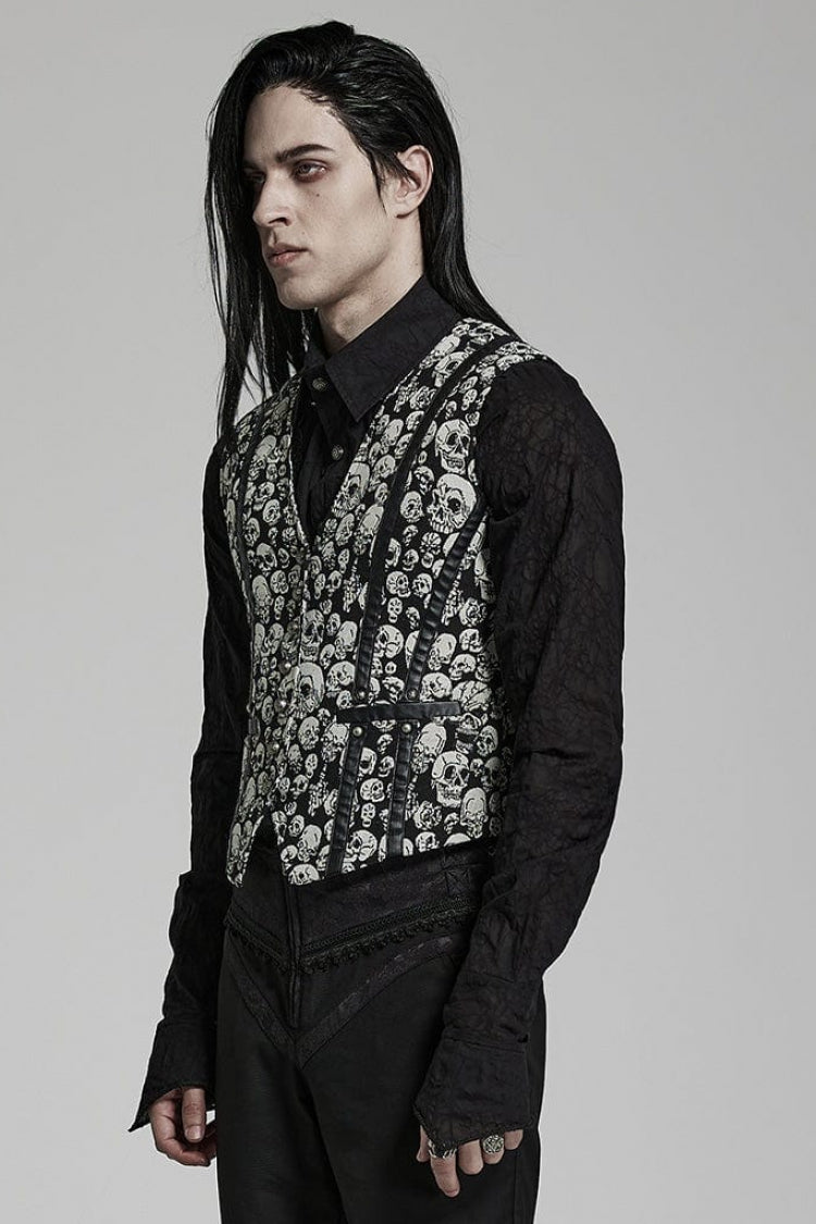 White/Black Contrast Sleeveless Skulls Print Jacquard Hollow Mens Gothic Vest - Product - 2