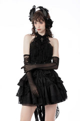 Black Off Shoulder Halterneck Lace Crinkle Women's Gothic Tank Top - Black - 1