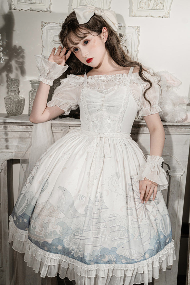White Ruffle Short Sleeves Whale Paradise Print Sweet Lolita Dress Set - Product - 4