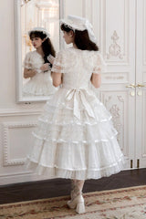 White [Morning Dew Lily] Short Sleeves Multi-Layered Ruffle Embroidery Sweet Elegant Lolita Dress - Product - 4