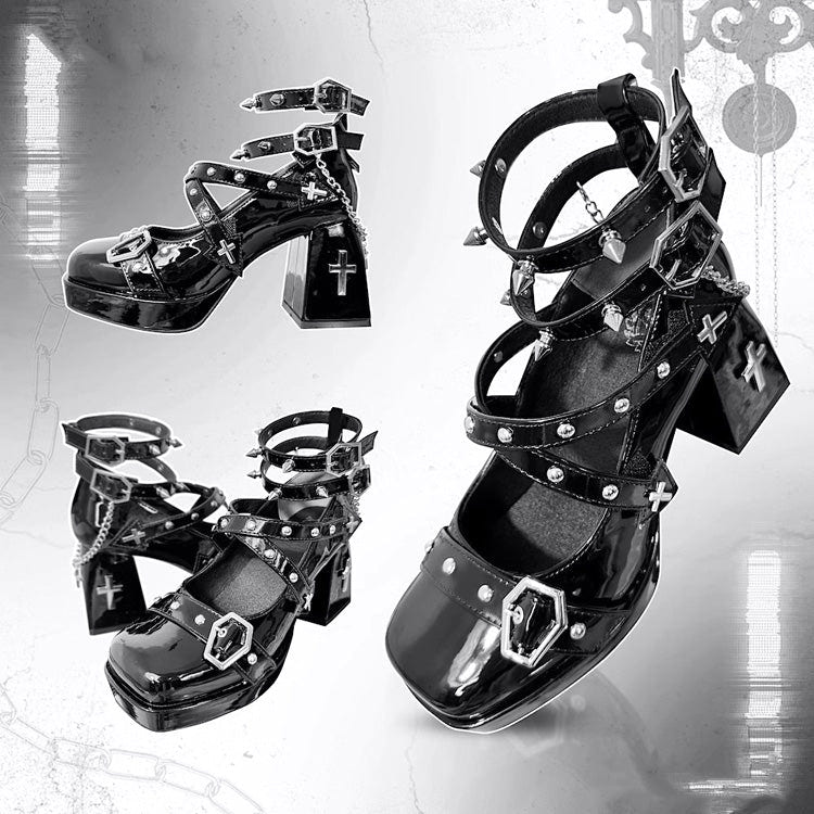 Chain Cross Gothic Punk Princess Lolita High Heels 2 Colors - Product - 4
