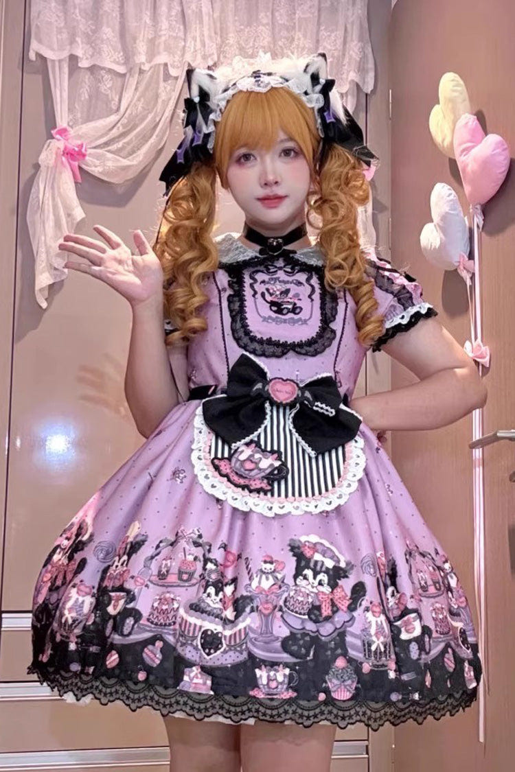 Purple [Devil Cat] Print Short Sleeves Ruffle Bowknot Lace Gothic Lolita OP Dress (Plus Size Support) - Purple - 1