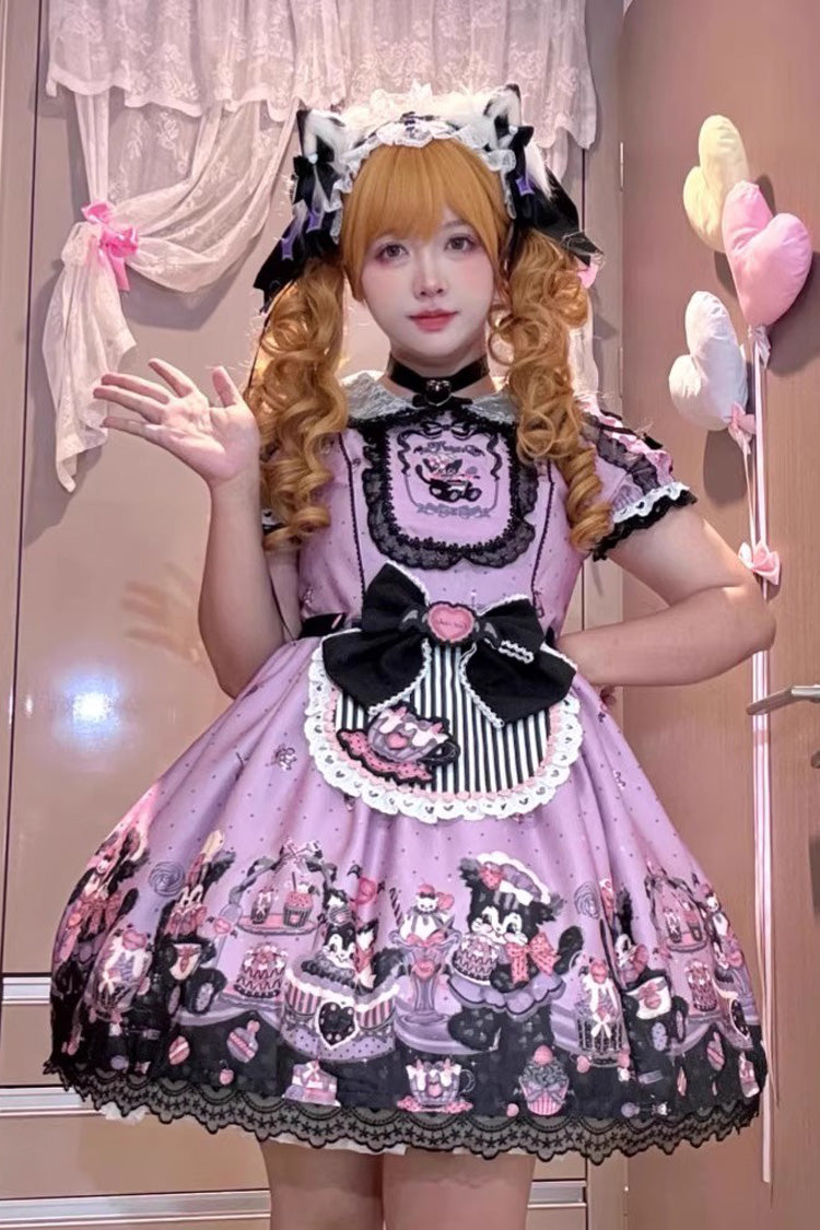 Purple [Devil Cat] Print Short Sleeves Ruffle Bowknot Lace Gothic Lolita OP Dress (Plus Size Support) - Purple - 1