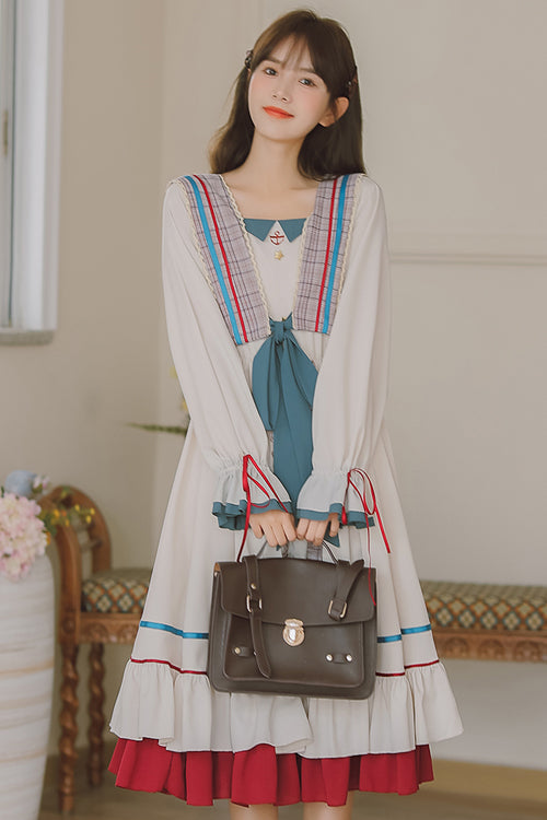 Multi-Color Square Collar Ruffled Long Sleeves Paneled Hem Sweet Lolita OP Dress - Product - 3