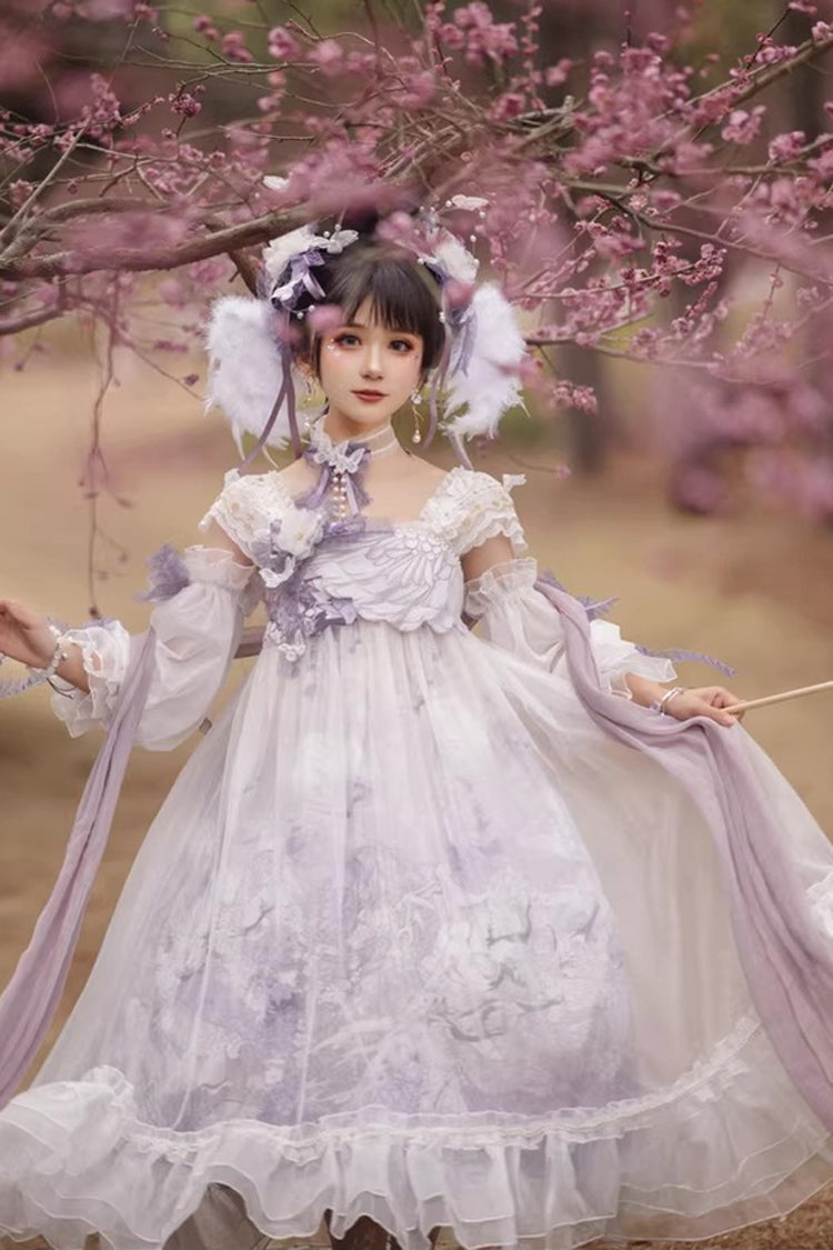 White/Purple Square Collar High Waisted Printed Ruffled Lace Pearl-Decorated Sweet Chinese Style Lolita Jsk Dress - Product - 4