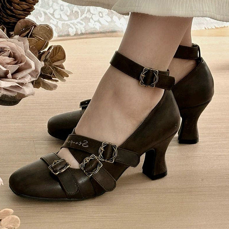 Square-Toe Cross Bandage High Heel Lolita Shoes 3 Colors - Brown - 2