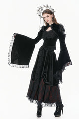 Black Ruffled Lace Long Trumpet Sleeves Floral Sheer Mesh Spliced Velvet Women's Gothic Cape - Product - 10
