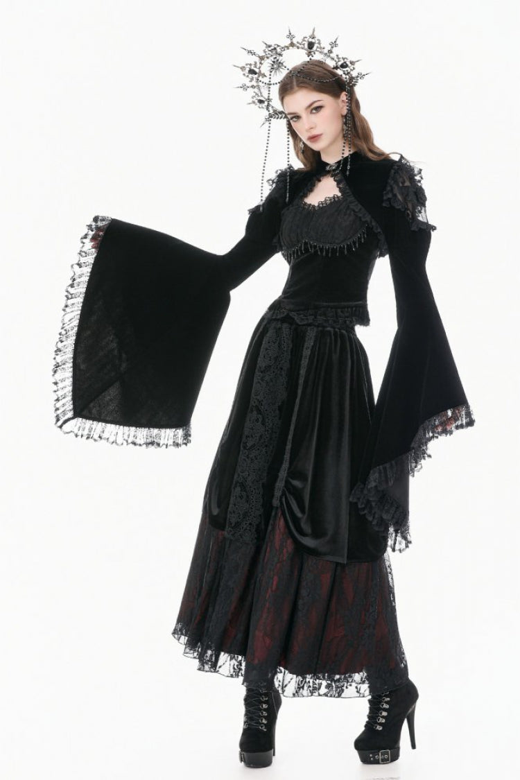 Black Ruffled Lace Long Trumpet Sleeves Floral Sheer Mesh Spliced Velvet Women's Gothic Cape - Product - 10