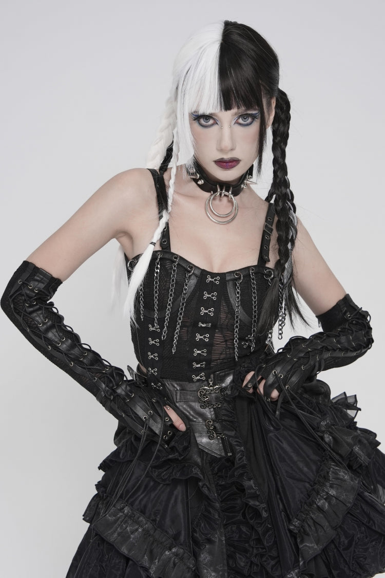 Black Off Shoulder Lace Lace-Up Slim Mesh Strappy Chain-Decorated Eyelet Women's Punk Corset - Product - 13