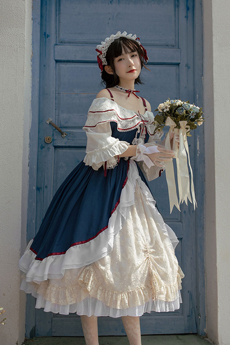 Blue/White Long Sleeves Cardigan Bowknot Sweet Lolita Dress - Product - 2
