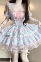 Blue/Pink Pray Multi-Layered Ruffle Lace Sweet Princess Lolita Jsk Dress - Product - 5