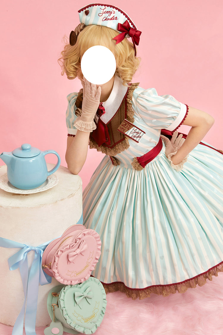 Green [Jenny's Chocolate] Short Sleeves Vertical Stripes Print Ruffle Bowknot Sweet Lolita Dress - Product - 15