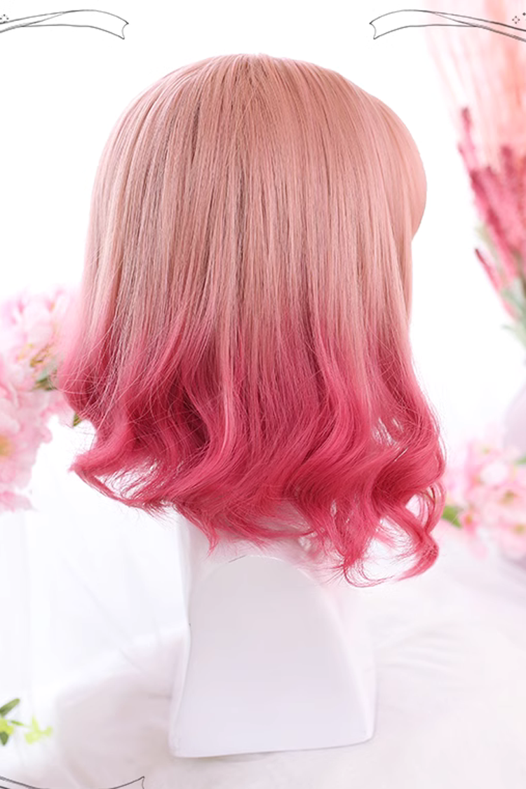Pink Gradient Short Roman Curly Hair Sweet Lolita Wigs - Product - 5