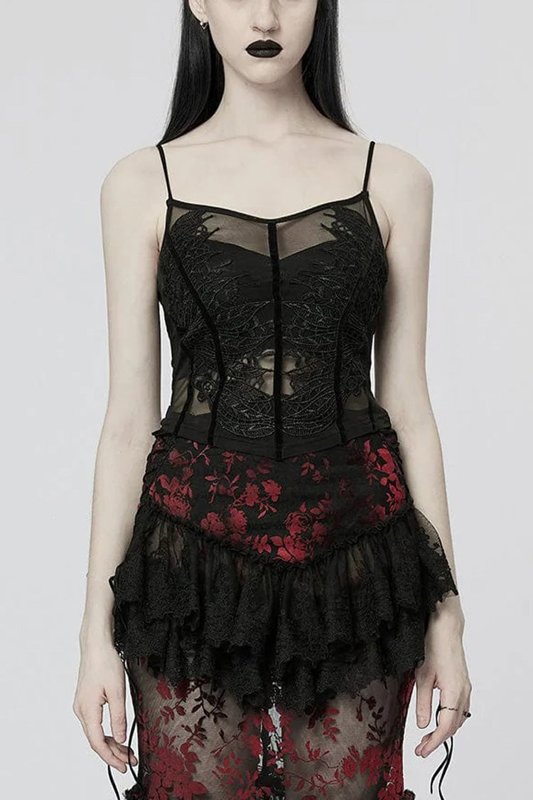 Black Sleeveless Lace Slim Sheer Womens Gothic Sling Vest - Black - 1