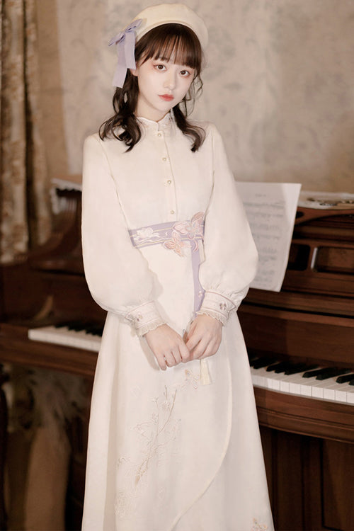 Beige Retro Stand Up Collar Ruffled Lantern Sleeves Butterfly Embroidery Classic Lolita OP Dress Full Set - Product - 3