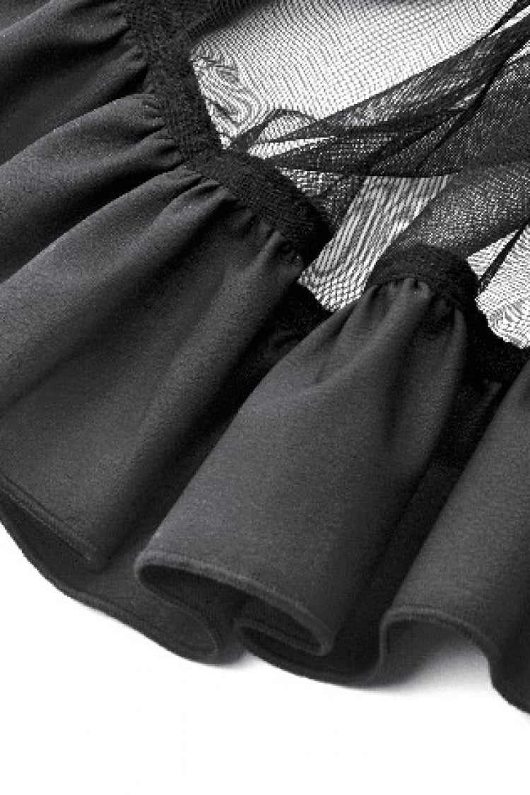 Black Eyelet Straps Women's High-Low Multi-Layered Ruffled Sheer Mesh Punk Skirt - Product - 18