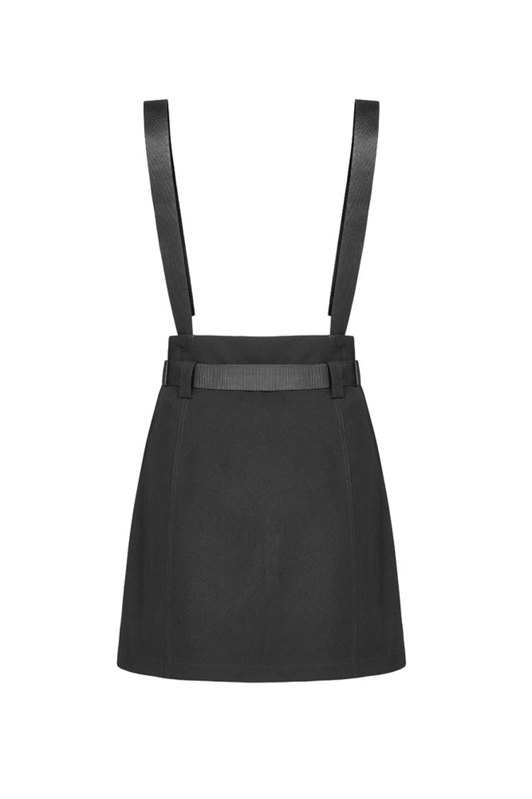 Black Metal Ring Shoulder-Strap Buckle Belt Split Hem A-Shaped Women's Punk Skirt - Product - 7