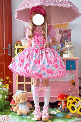 Pink [Cherry Sweet Ice] Print Ruffle Bowknot Lace Sweet Lolita Jsk Dress - Product - 5