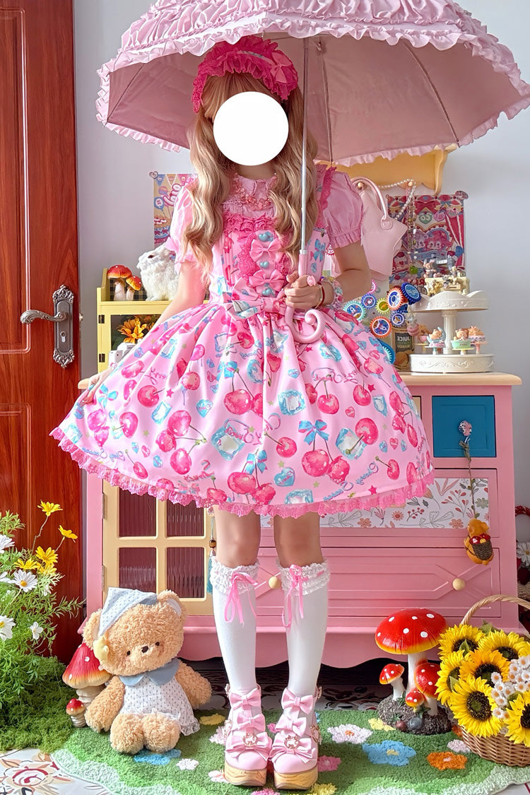 Pink [Cherry Sweet Ice] Print Ruffle Bowknot Lace Sweet Lolita Jsk Dress - Product - 5