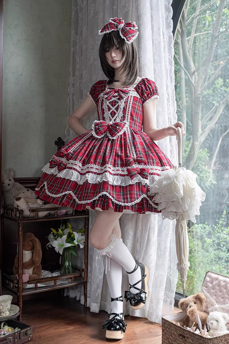 Red [Gingham Petal Bunny] Short Sleeves Printed Ruffled Bow Sweet Lolita OP Dress - Product - 10