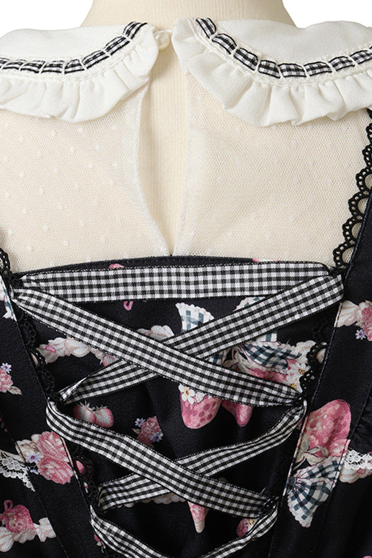 Black [Creamy Berry] Print Short Puff Sleeves Ruffle Bowknot Lace-Up Sweet Jirai Kei Japanese Dress - Product - 5