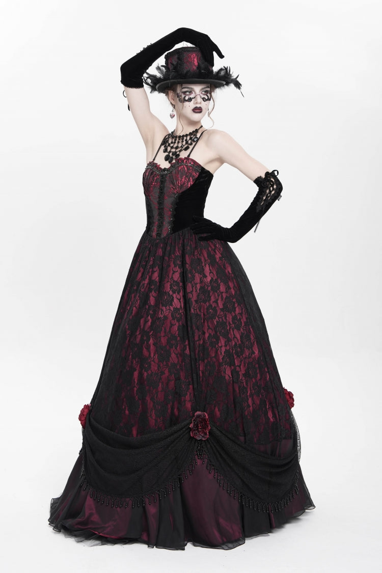 Red Jacquard Embroidery Floral Beaded Women's Gothic Long Slip Dress - Product - 8