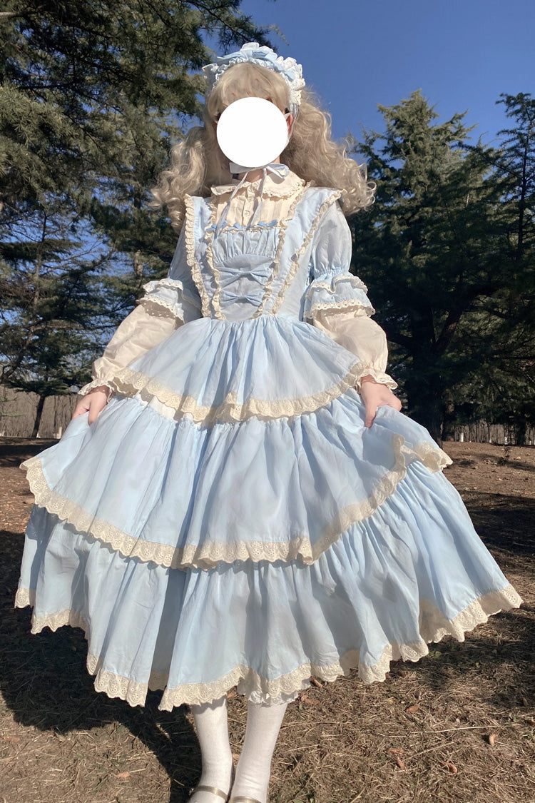 Blue Lapel Collar Long Sleeves High Waisted Multi-layer Bowknot Sweet Lolita Dress - Product - 6