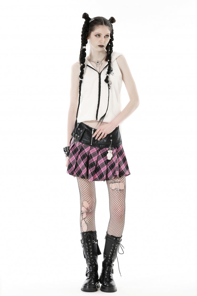 Black/Pink Women's Punk Grunge Zippered Faux Leather Spliced Plaid Pleated Mini Skirt - Product - 7
