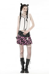 Black/Pink Women's Punk Grunge Zippered Faux Leather Spliced Plaid Pleated Mini Skirt - Product - 7