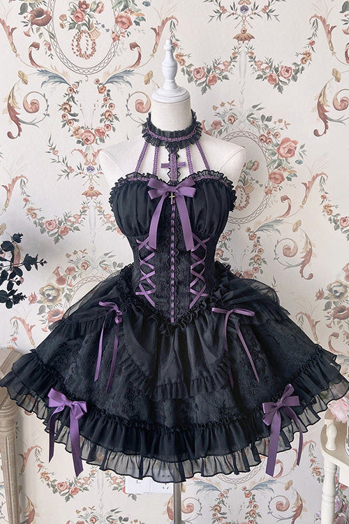 Black Purple Tube Top Sleeveless Blowknot Ruffled Gothic Lolita Tiered Dress - Black - 1