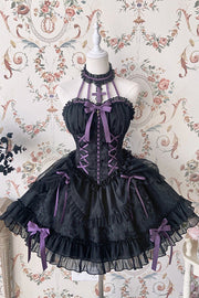 Black Purple Tube Top Sleeveless Blowknot Ruffled Gothic Lolita Tiered Dress - Black - 1