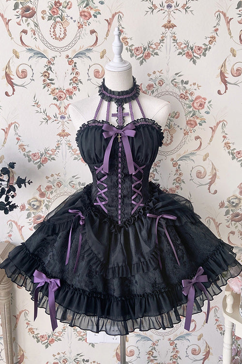 Black Purple Tube Top Sleeveless Blowknot Ruffled Gothic Lolita Tiered Dress - Black - 1