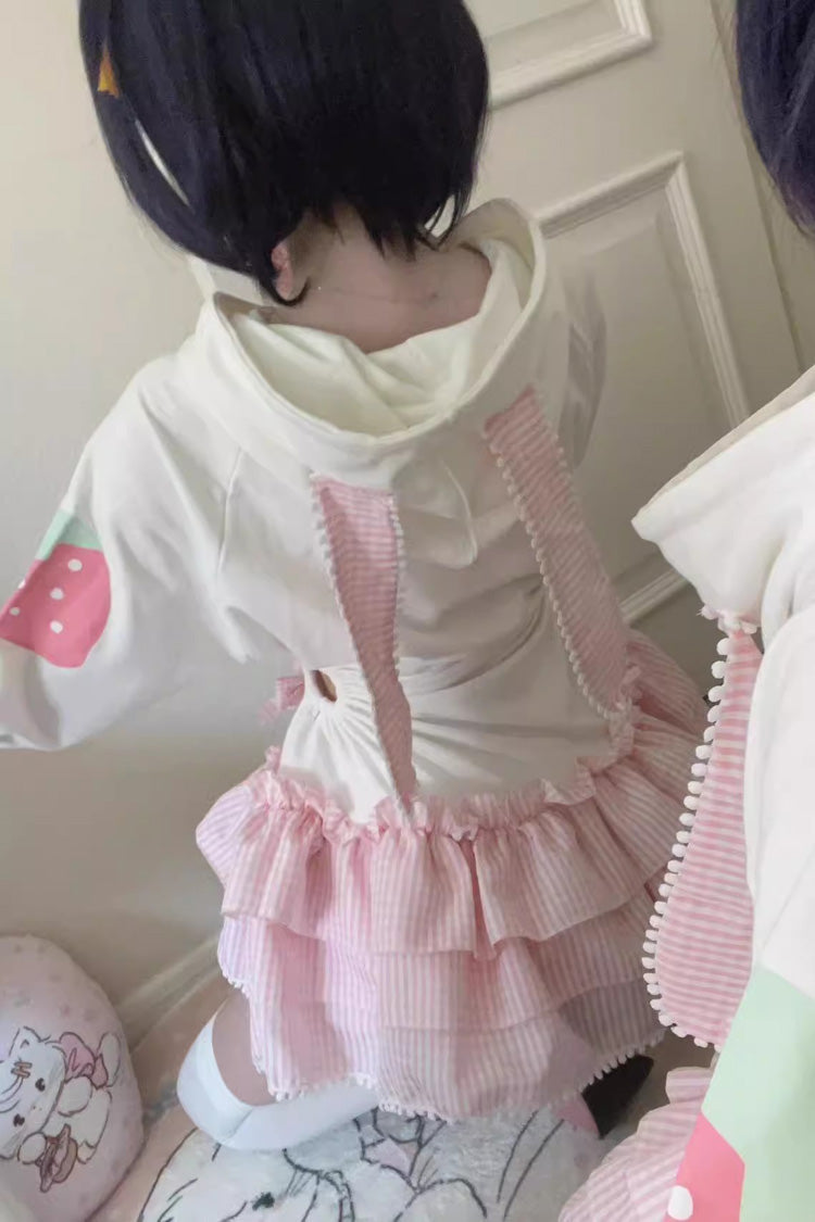 White/Pink Long Sleeves Triple-Layered Strawberry Print Hooded Sweet Lolita Dress - Product - 6