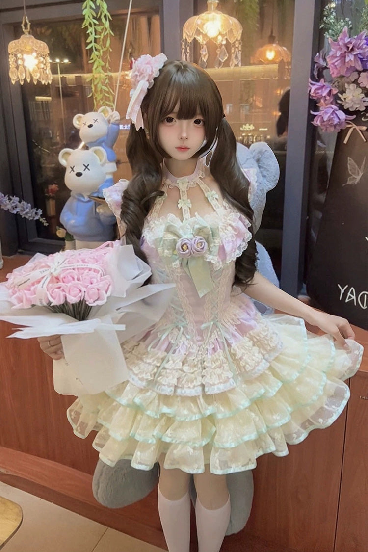 Purple [Flower Language of Eros] Halterneck Multi-Layered Ruffle Bowknot Rose Lace Lace-Up Sweet Ballet Lolita Jsk Dress - Product - 6