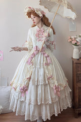 Ivory [Lilica Garden] Lapel Collar Short Trumpet Sleeves Ruffled Open-Front Bow Lace Sweet Elegant Luxurious Lolita Dress - Product - 7